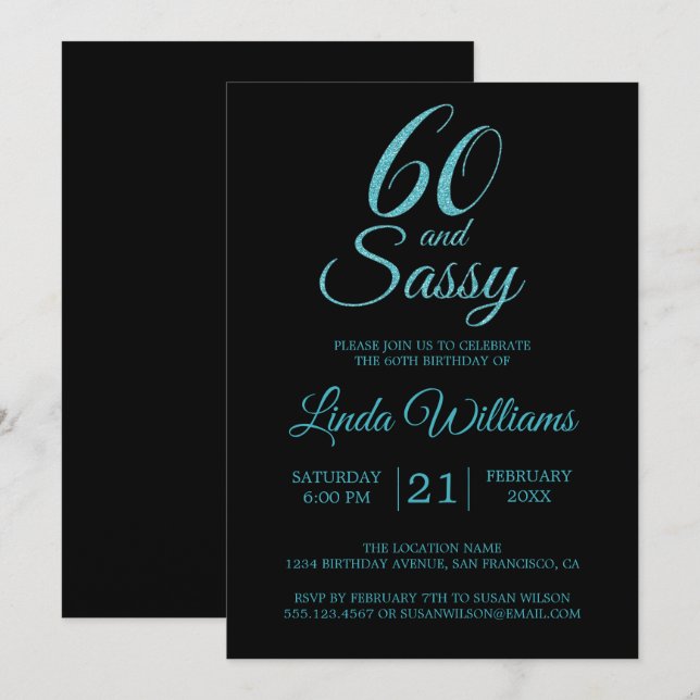 60 and Sassy Blue Glitter 60th Birthday Party Invitation (Front/Back)