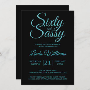 60 and Sassy Blue Glitter 60th Birthday Party Invitation