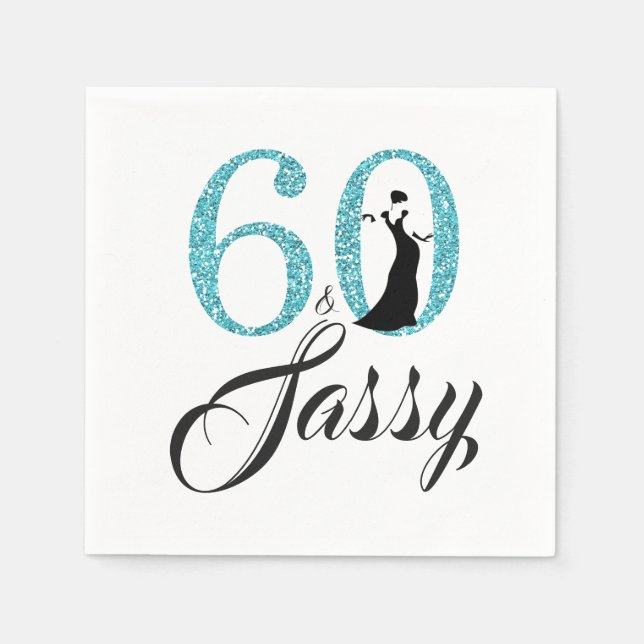 60 and Sassy Blue Glitter Birthday Party Paper Napkins (Front)