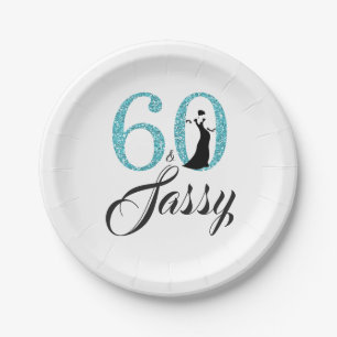 60 and Sassy Blue Glitter Birthday Party Paper Plates