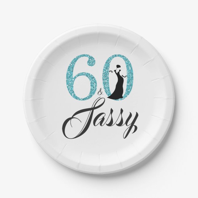 60 and Sassy Blue Glitter Birthday Party Paper Plates (Front)