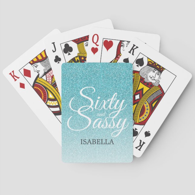 60 and Sassy Blue Glitter Ombre Name Monogram Poker Cards (Back)