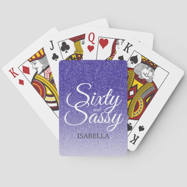 60 and Sassy Blue Glitter Ombre Name Monogram Poker Cards (Back)