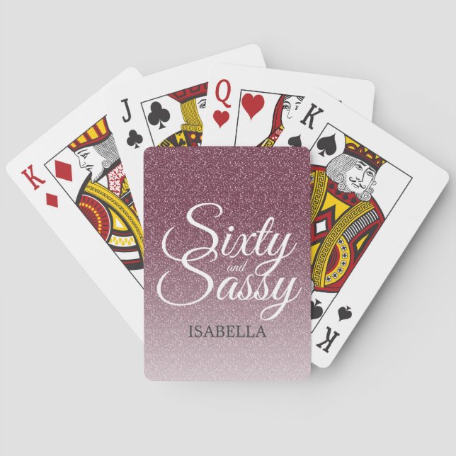 60 and Sassy Burgundy Glitter Ombre Name Monogram Poker Cards (Back)