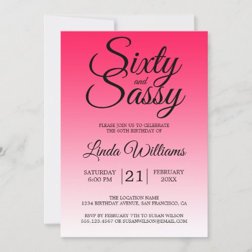 60 and Sassy Diva Pink Ombre 60th Birthday Invitation