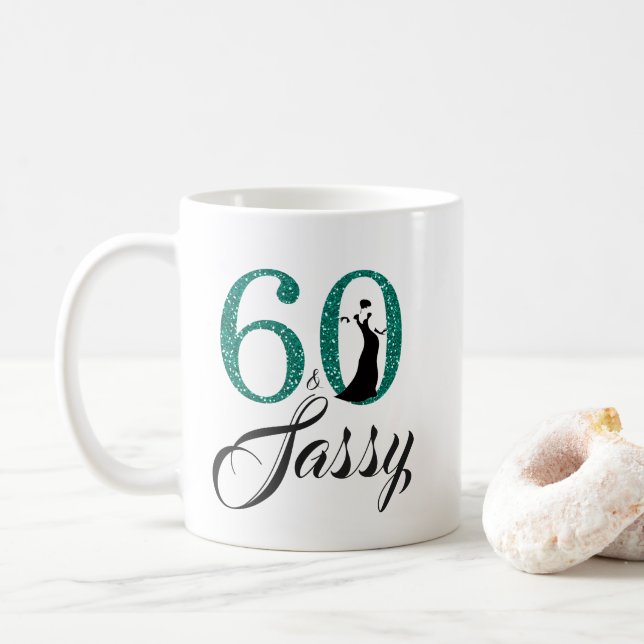 60 and Sassy Emerald Green Glitter 60th Birthday Coffee Mug (With Donut)