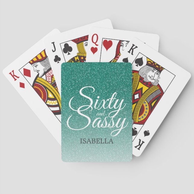 60 and Sassy Green Glitter Ombre Name Monogram Poker Cards (Back)