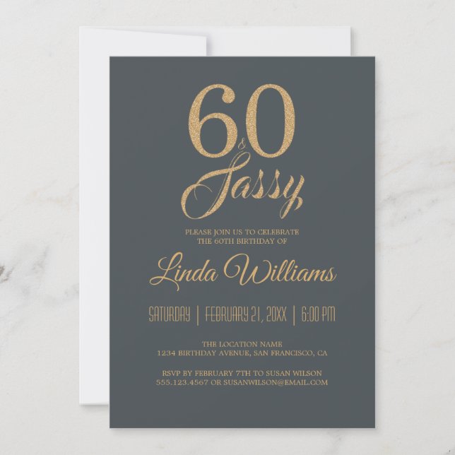 60 and Sassy Off-Black Gold 60th Birthday Party Invitation (Front)