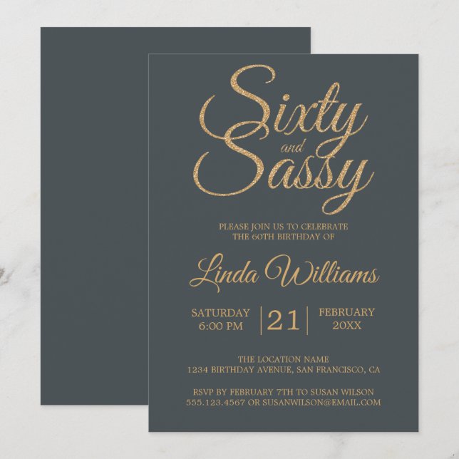 60 and Sassy Off-Black Gold 60th Birthday Party Invitation (Front/Back)