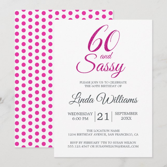 60 and Sassy Pink Glitter 60th Birthday Party Invitation (Front/Back)