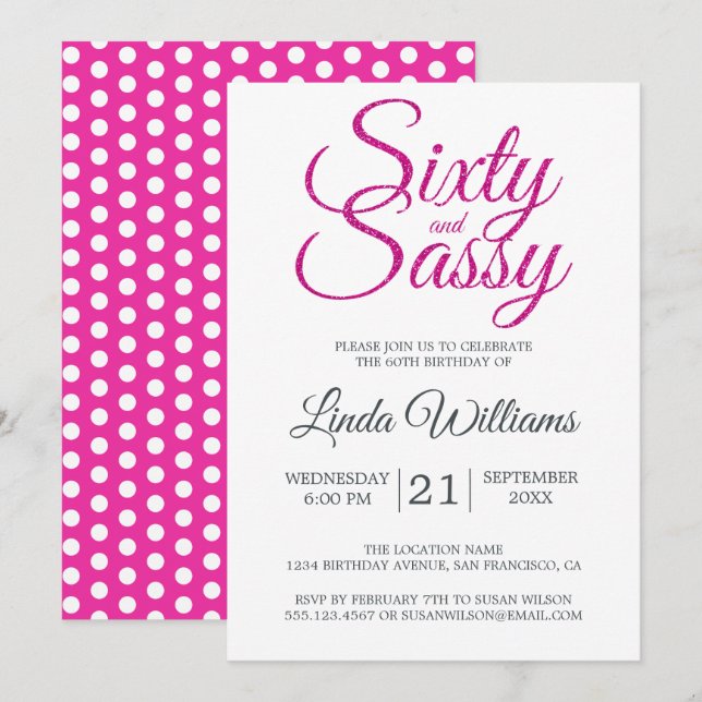 60 and Sassy Pink Glitter 60th Birthday Party Invitation (Front/Back)