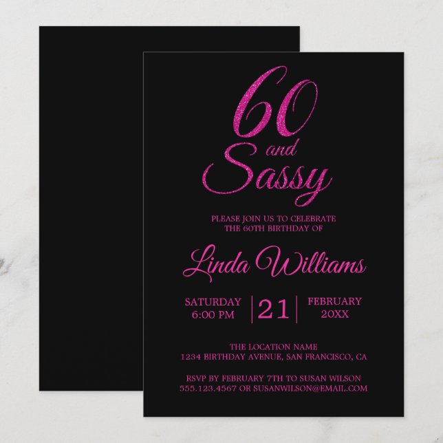 60 and Sassy Pink Glitter 60th Birthday Party Invitation (Front/Back)
