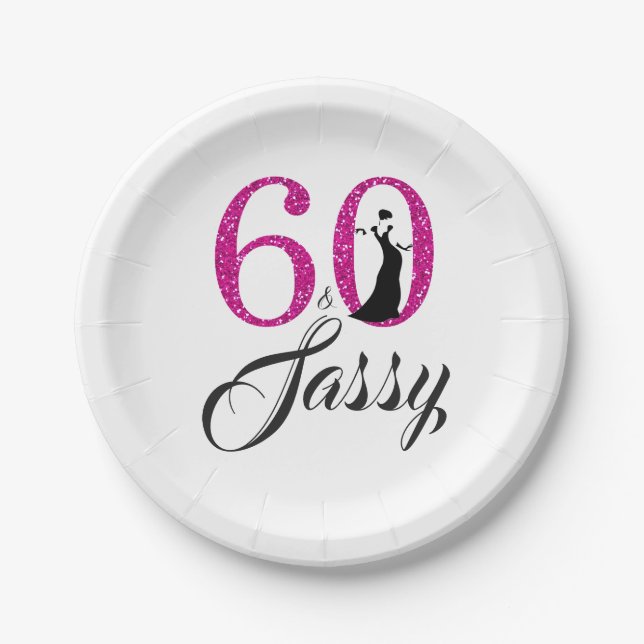 60 and Sassy Pink Glitter Birthday Party Paper Plates (Front)