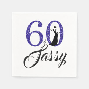 60 and Sassy Royal Blue Glitter Birthday Party Napkins