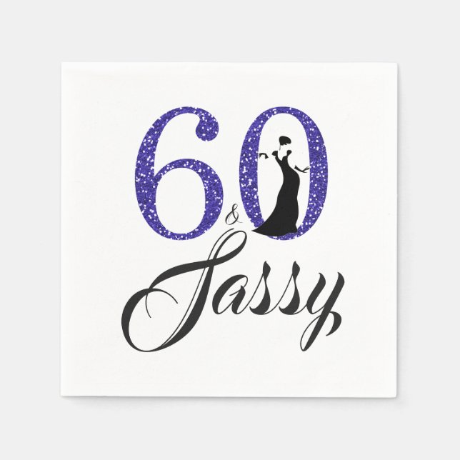 60 and Sassy Royal Blue Glitter Birthday Party Napkins (Front)