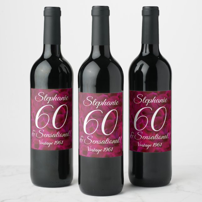 60 and Sensational Abstract Red Rose Birthday Wine Label (Bottles)