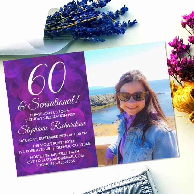 60 and Sensational Elegant Purple Photo Birthday Invitation (Creator Uploaded)