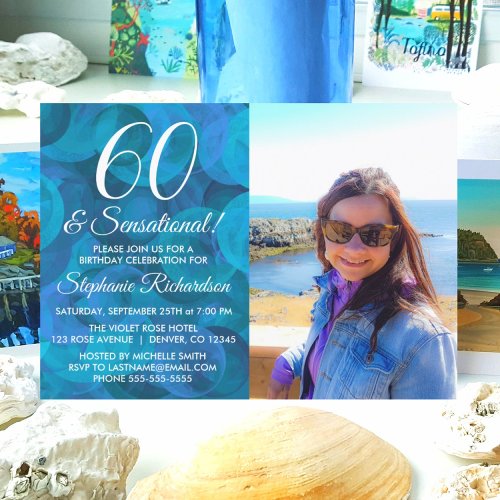 60 and Sensational Ocean Blue Photo Birthday Invitation