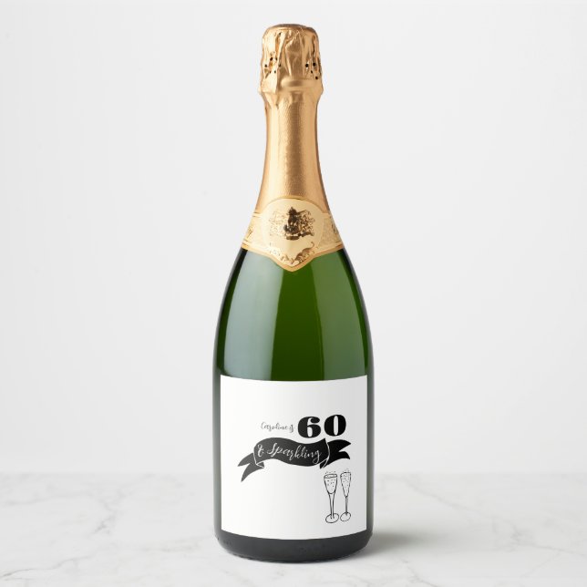 60 and Sparkling Hand Drawn Black and White Sparkling Wine Label (Front)