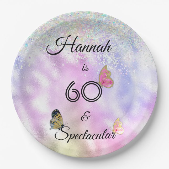 60 and Spectacular Glittery Butterflies Birthday  Paper Plates (Front)