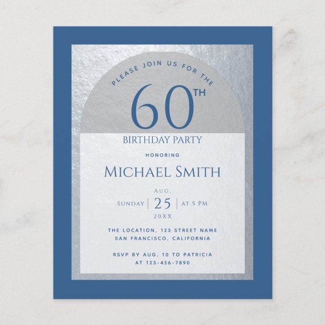 60 Birthday Budget Silver Classic Blue Invitation (Front)