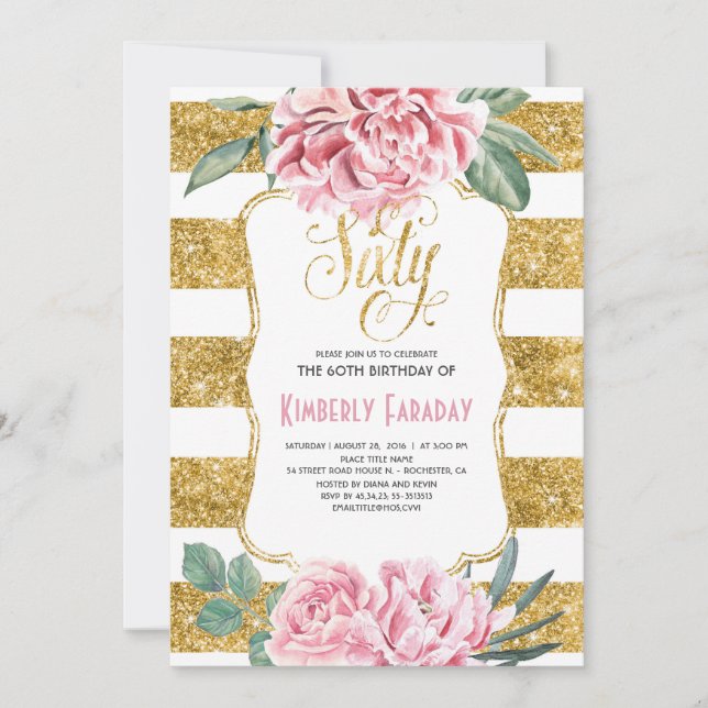 60 Birthday Party - Floral Gold - Glam Invitation (Front)