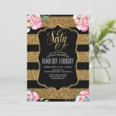 60 Birthday Party Invitations - Floral Gold Glitte (Standing Front)