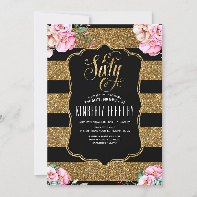 60 Birthday Party Invitations - Floral Gold Glitte (Front)
