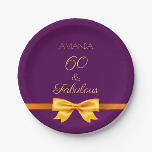 60 birthday purple gold elegant bow name paper plates