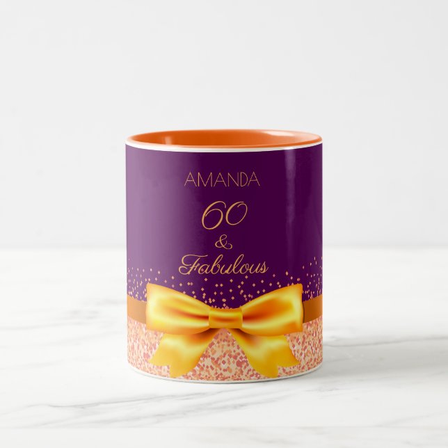60 birthday purple gold elegant bow name Two-Tone coffee mug (Center)