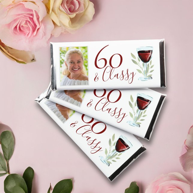 60 & Classy Red Wine Glass 60th Birthday Photo Hershey Bar Favors (Creator Uploaded)