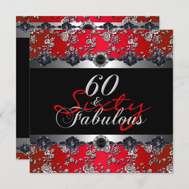60 & Fabulous 60th Birthday Party Silver Red Invitation (Front/Back)
