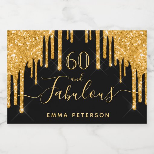 60 Fabulous Birthday Black Glitter Sparkle Gold Champagne Label | Zazzle