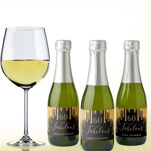 60 fabulous birthday black glitter sparkle gold sparkling wine label (Creator Uploaded)