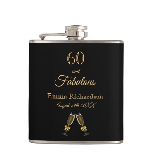 60 fabulous birthday black gold chic monogram flask