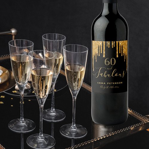 60 fabulous birthday black gold glitter sparkle wine label