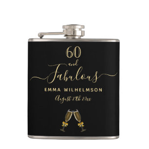 60 fabulous birthday black gold monogram script flask