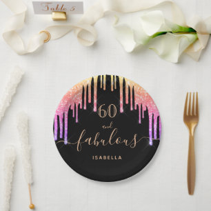 60 fabulous birthday black pink glitter drips paper plates