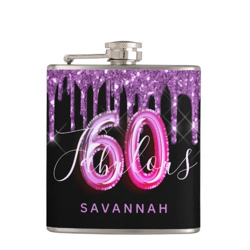 60 Fabulous birthday black purple glitter script Flask