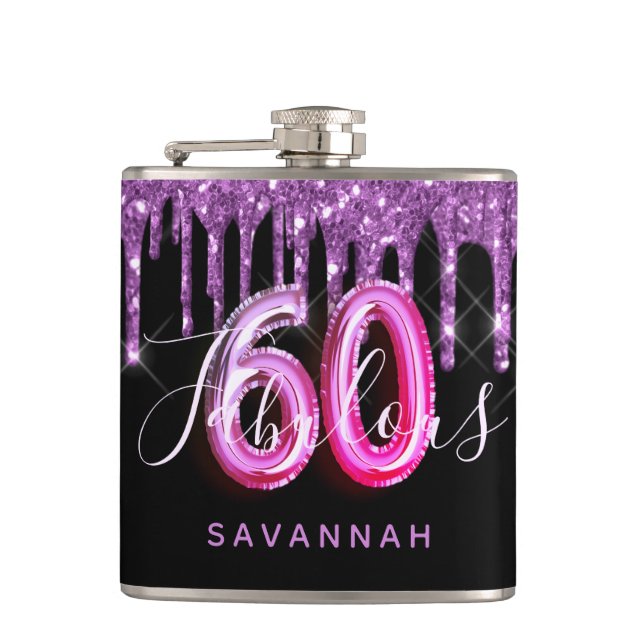60 Fabulous birthday black purple glitter script Flask (Front)