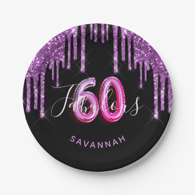 60 Fabulous birthday black purple glitter sparkle Paper Plates (Front)
