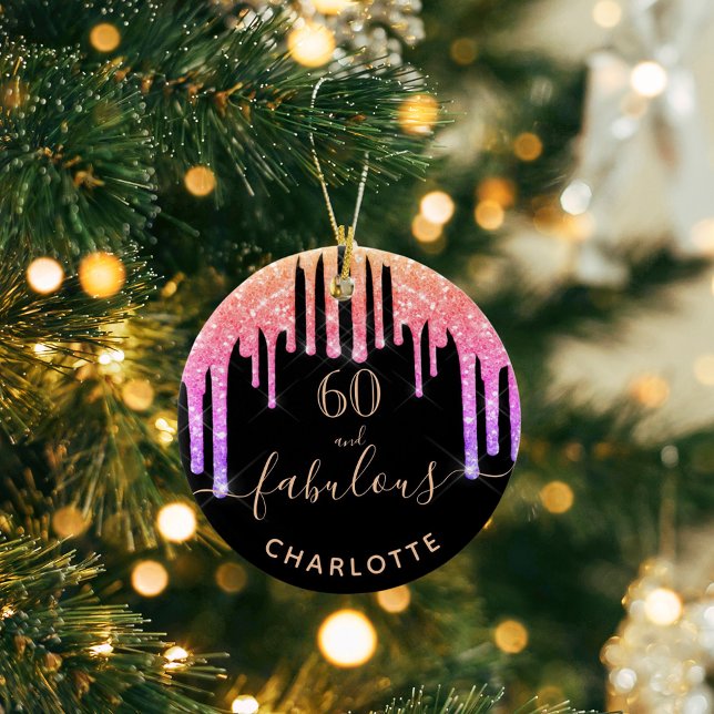 60 Fabulous birthday black rainbow glitter sparkle Ceramic Ornament (Creator Uploaded)
