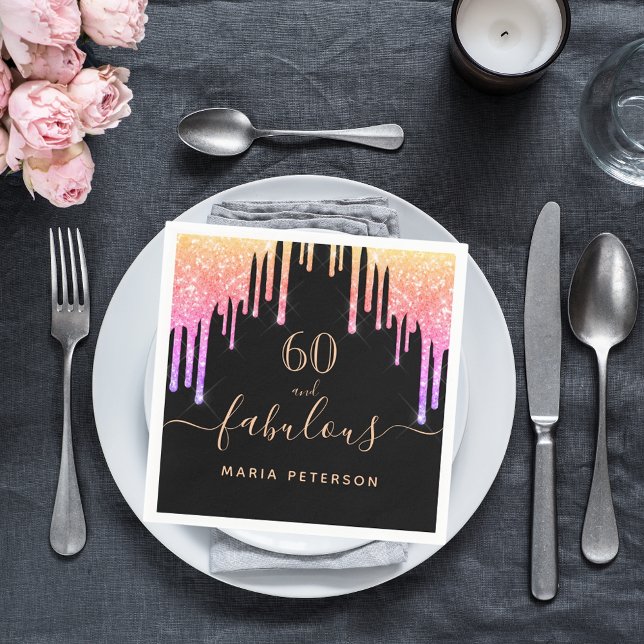60 fabulous birthday black rainbow glitter sparkle napkins (Creator Uploaded)