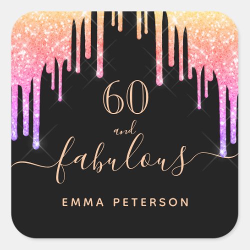 60 fabulous birthday black rainbow glitter sparkle square sticker