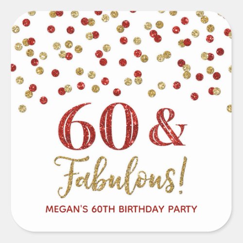 60  Fabulous Birthday Black Red Confetti  Square Sticker