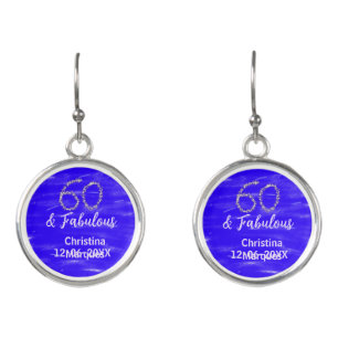 60 & fabulous birthday blue silver add name date earrings