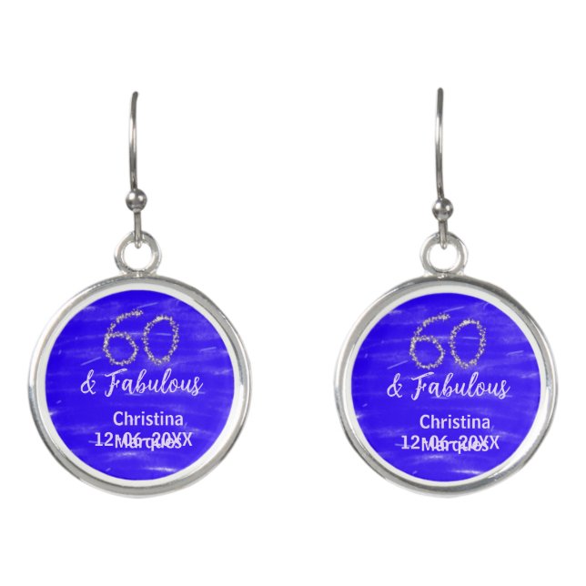 60 & fabulous birthday blue silver add name date earrings (Front)