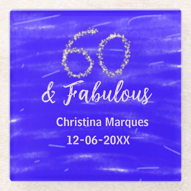 60 & fabulous birthday blue silver add name date glass coaster (Front)