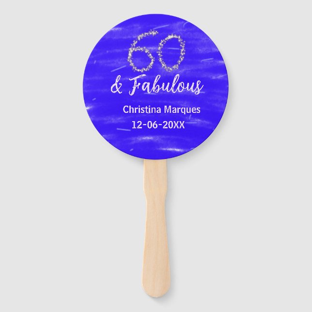 60 & fabulous birthday blue silver add name date hand fan (Front)