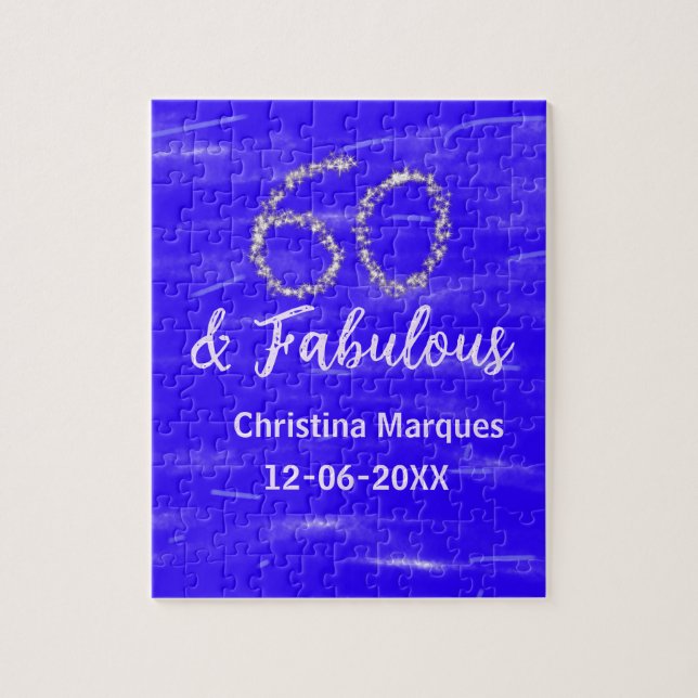 60 & fabulous birthday blue silver add name date jigsaw puzzle (Vertical)